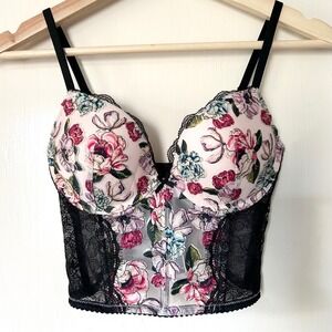 Victoria's Secret Rose Embroidered Push-Up Longline Bra Bustier 32C‎ Pink Floral